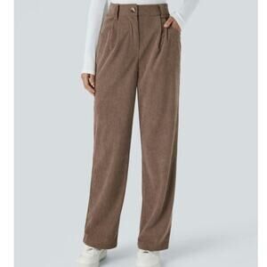 Sz Med HALARA Acorn Brown High Waist Zipper Pocket Corduroy Casual Pants